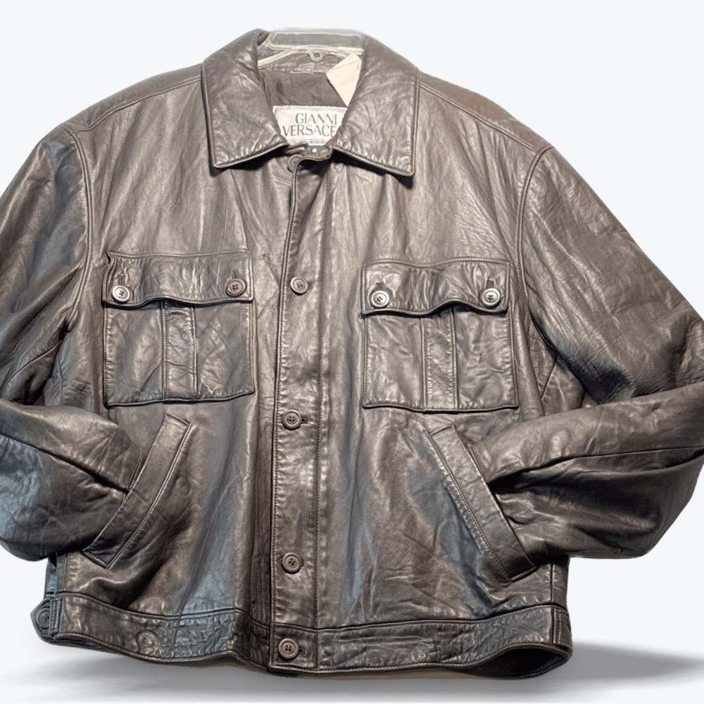 Gianni Versace Vintage Mens Leather Bomber Blouson Jacket Brown Rare IT 52 US XL